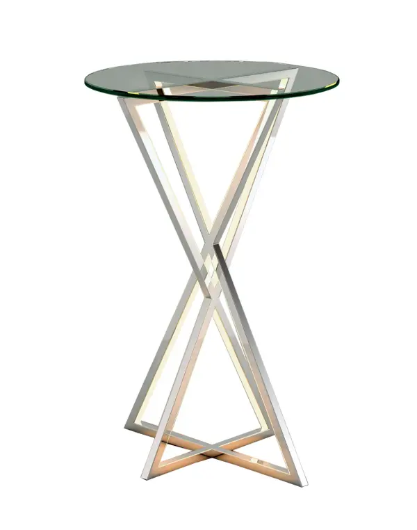 The York LED Accent Table brings contemporary elegance with its tripod-inspired design and integrated LED lighting. Crafted in polished chrome with glass accents, it delivers 1050 lumens of warm 3000K light.