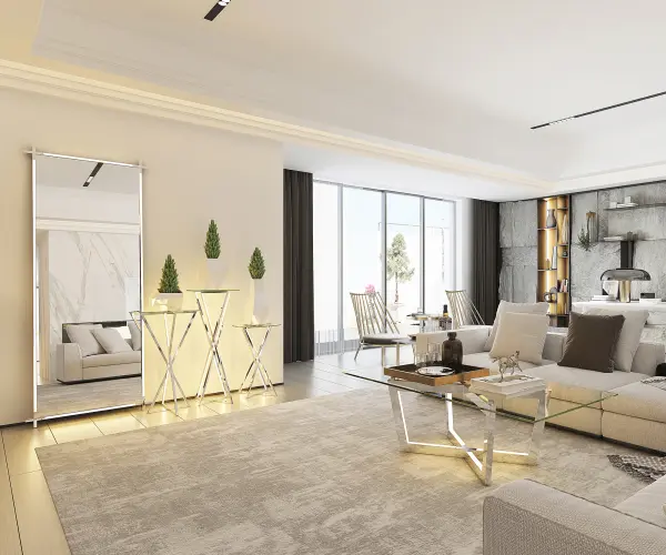 The Carlo LED Coffee Table combines bold contemporary design with integrated lighting. Heavy crossed stainless steel legs in polished chrome support a thick clear glass top, while built-in LED lighting adds ambient illumination. - alternate view