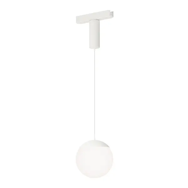 The Continuum track system revolutionizes lighting design with field-adjustable lengths and snap-in pendants. This white snowball pendant combines modern aesthetics with practical flexibility for customized illumination.