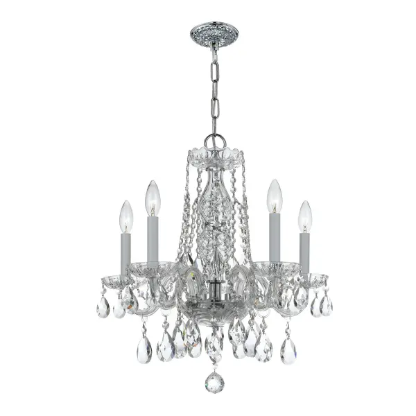 This 18-inch traditional crystal chandelier brings classic glamour to smaller rooms with its sparkling crystal swags and polished chrome finish. Perfect for adding sophisticated style without overwhelming the space.