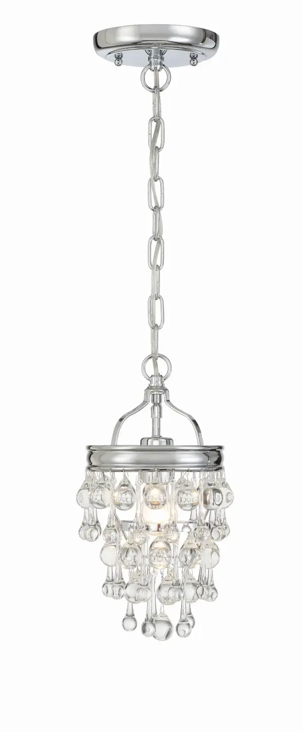 The Calypso mini chandelier delivers sophisticated sparkle in a compact 7.25" footprint. Draped with clear crystal drops and balls, it brings glamorous lighting to smaller spaces like bathrooms, closets, and hallways. - alternate view