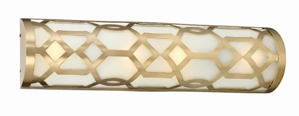 The Jennings vanity light combines classic elegance with modern geometric design. Its open metal framework in aged brass paired with white glass shades creates a sophisticated look perfect for transitional bathrooms. ADA-compliant and energy-efficient LED technology.