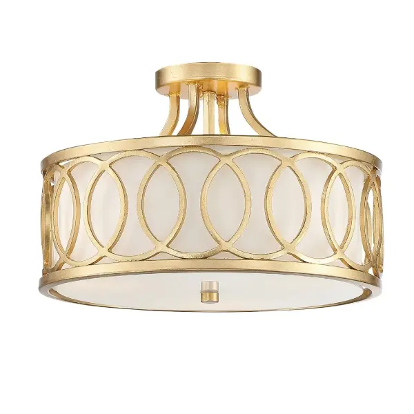 The Graham Semi Flush Mount by Libby Langdon features stunning circular metalwork with an intricate interlocking pattern. Its light and airy design works beautifully from any angle, making it perfect for various interior styles.