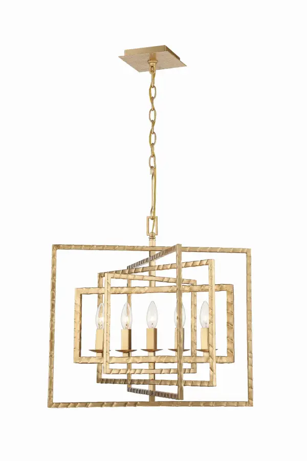 The Capri chandelier combines industrial charm with farmhouse appeal through its distinctive hammered geometric rings. Its adjustable design allows customization to suit your space, making it a versatile conversation piece.