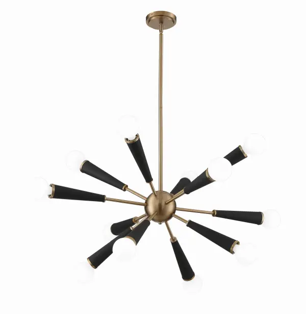 The Zodiac chandelier brings 1950s glamour into the modern era with its celestial design and luxurious aged brass finish. At 34 inches wide, it commands attention while maintaining versatility across multiple room types. - alternate view