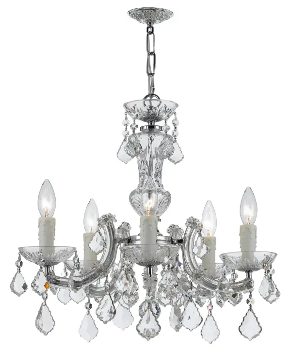 The Maria Theresa chandelier brings opulent traditional style to intimate spaces. Draped in abundant crystal strands over a polished chrome frame, this 20" fixture delivers luxurious sparkle perfect for bedrooms, hallways, and closets.