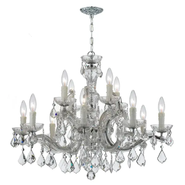 The Maria Theresa chandelier epitomizes classic luxury with abundant crystal strands draped over glass arms. At 30 inches wide, it delivers dramatic sparkle perfect for formal dining rooms and grand entryways.