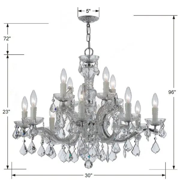 The Maria Theresa chandelier epitomizes classic luxury with abundant crystal strands draped over glass arms. At 30 inches wide, it delivers dramatic sparkle perfect for formal dining rooms and grand entryways. - alternate view