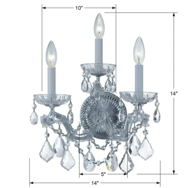 The Maria Theresa sconce brings luxurious traditional style with abundant crystal detailing. Its glass arm frame draped in crystal strands creates stunning light refraction, perfect for adding glamour to bathrooms, bedrooms, or hallways. - alternate view