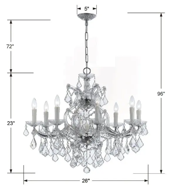 The Maria Theresa chandelier epitomizes classic luxury with abundant crystal strands draped over glass arms. At 26 inches wide, it delivers dramatic sparkle perfect for formal dining rooms, grand foyers, or upscale bedrooms. - alternate view