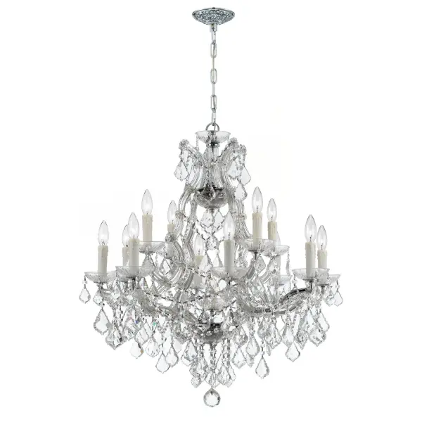 The Maria Theresa chandelier epitomizes luxury with abundant crystal strands draped over glass arms. At 28 inches, it delivers dramatic traditional style perfect for formal spaces while remaining versatile enough for bedrooms and closets. - alternate view