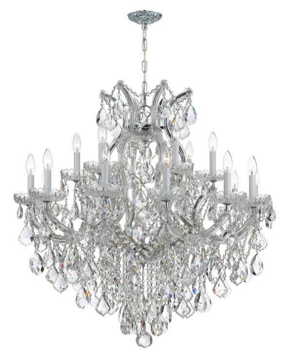 The Maria Theresa chandelier epitomizes luxury with abundant crystal strands draped over glass arms. At 38 inches wide, this statement piece brings Old World glamour and sophisticated sparkle to grand spaces.
