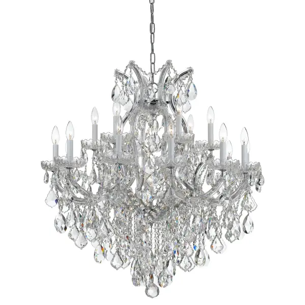 The Maria Theresa chandelier epitomizes luxury with abundant crystal strands draped over glass arms. At 38 inches wide, this statement piece brings Old World glamour and sophisticated sparkle to grand spaces. - alternate view