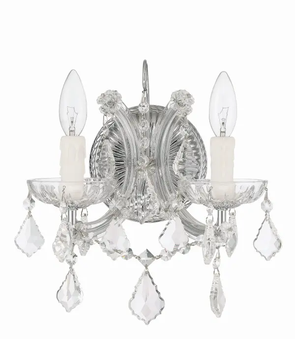 The Maria Theresa sconce epitomizes high-style glamour with its abundance of draped crystal strands cascading from a polished chrome glass arm frame. Perfect for adding luxurious traditional accent lighting to intimate spaces. - alternate view