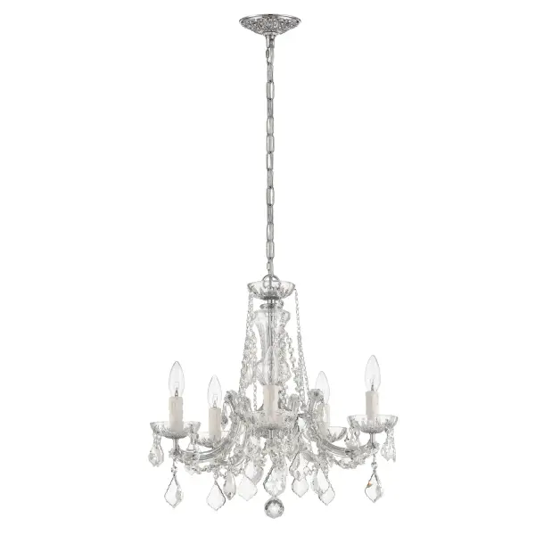 The Maria Theresa chandelier epitomizes classic luxury with abundant crystal strands draped over glass arms. At 20 inches, it's perfectly scaled for intimate dining spaces, bedrooms, or entryways where traditional glamour is desired. - alternate view