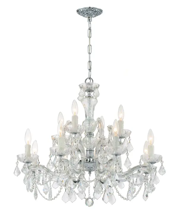 The Maria Theresa chandelier epitomizes classic luxury with abundant crystal strands draped over glass arms. At 29" wide, it delivers dramatic sparkle perfect for formal dining rooms, grand foyers, or upscale closets.