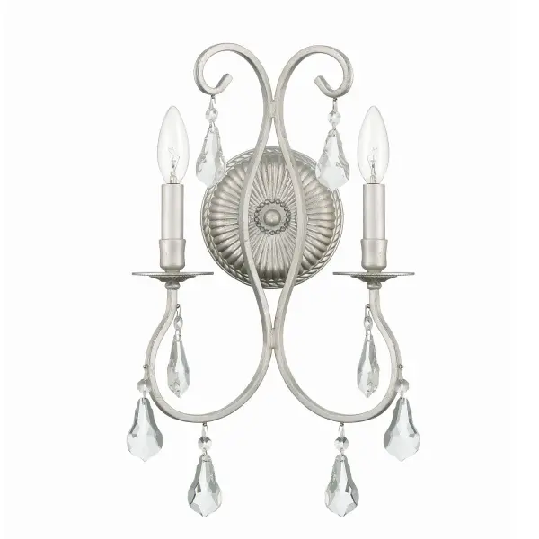 The Ashton sconce combines classic elegance with sparkling crystal accents. Its curvaceous lines and hand-painted Olde Silver finish create a sophisticated look perfect for bathrooms, bedrooms, and hallways. - alternate view