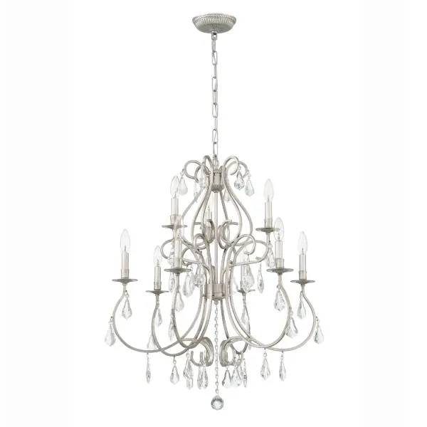 The Ashton chandelier combines classic crystal grandeur with contemporary clean lines. Hand-painted Olde Silver finish and sparkling pendeloque crystals create whimsical elegance perfect for traditional and transitional spaces. - alternate view