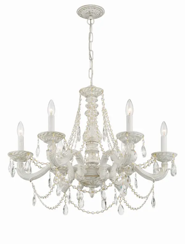 The Paris Market 28" Chandelier brings casual elegance with its hand-painted, distressed Antique White finish. Perfect for modern farmhouse, coastal, and transitional interiors seeking character and timeless style. - alternate view