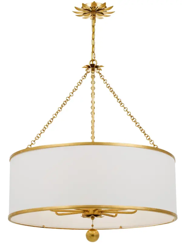 The Broche chandelier features individual wrought iron leaves that create a unique, shimmering focal point. Its metallic floral design brings tailored elegance with versatile appeal across transitional and modern interiors.