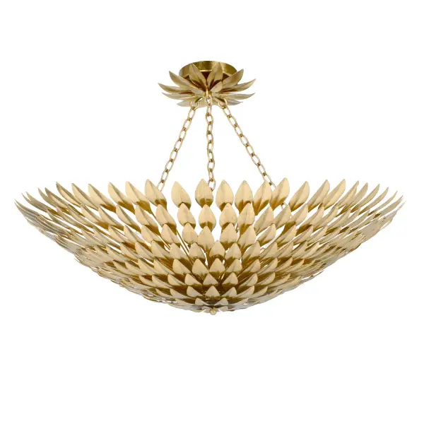 The Broche Semi Flush Mount features layers of individual wrought iron leaves in a shimmering Antique Silver finish. Its 30-inch diameter delivers dramatic impact while maintaining versatility across transitional and modern interiors.