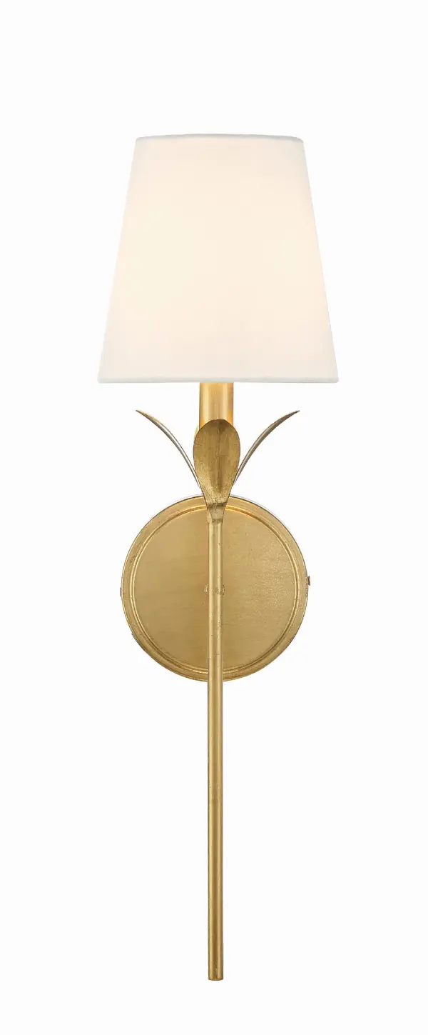 The Broche 6" Sconce features stunning wrought iron leaves in a shimmering Antique Gold finish, delivering both unique artistry and functional lighting. Perfect for adding glamorous touches to bedrooms, living areas, or kitchens. - alternate view