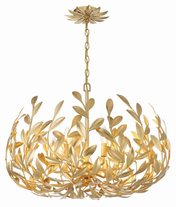 The Broche Chandelier brings the outdoors in with its enchanting upward-sweeping vine design and hand-painted wrought iron leaves. This 27-inch fixture offers a perfect blend of organic beauty and refined craftsmanship.