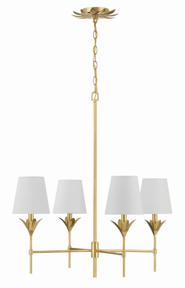 The Broche chandelier beautifully bridges traditional and modern design with its candelabra-style frame, layered wrought iron leaves, and white linen shades. Perfect for adding refined glamour to transitional spaces. - alternate view