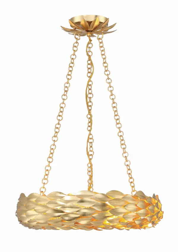 The Broche chandelier features stunning wrought iron leaves in shimmering Antique Gold, delivering both beauty and function. Its 18-inch size makes it perfect for intimate spaces while adding sophisticated glamour. - alternate view