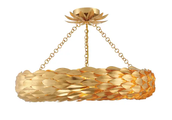 The Broche Semi Flush Mount features stunning layers of wrought iron leaves in shimmering Antique Silver, creating a unique focal point. Its transitional elegance works beautifully in bedrooms, living areas, and kitchens.