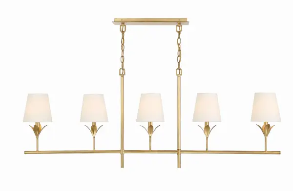 The Broche Linear Chandelier combines candelabra-style elegance with contemporary linear form. Featuring layered wrought iron leaves and white linen shades, it delivers refined glamour perfect for transitional spaces.