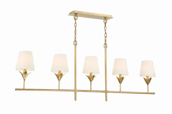 The Broche Linear Chandelier combines candelabra-style elegance with contemporary linear form. Featuring layered wrought iron leaves and white linen shades, it delivers refined glamour perfect for transitional spaces. - alternate view