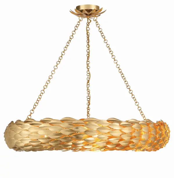 The Broche chandelier features layers of individual wrought iron leaves creating a unique, shimmering focal point. Its tailored elegance and metallic floral design brings glamour to transitional and modern spaces alike. - alternate view
