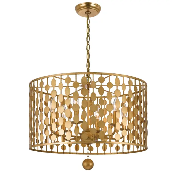 The Layla Chandelier features wafer-thin metal discs arranged in concentric circles, creating a sophisticated focal point. Its Antique Gold finish adds warmth while maintaining contemporary appeal, making it versatile across decor styles.