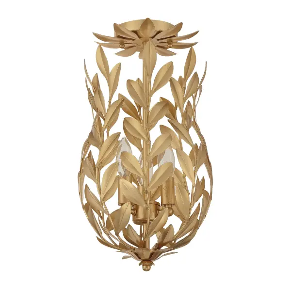 The Broche Semi Flush Mount features stunning wrought iron leaves in a shimmering metallic finish, delivering both beauty and function. Its compact 9.5" size and tailored elegance make it perfect for adding glamour to any space. - alternate view