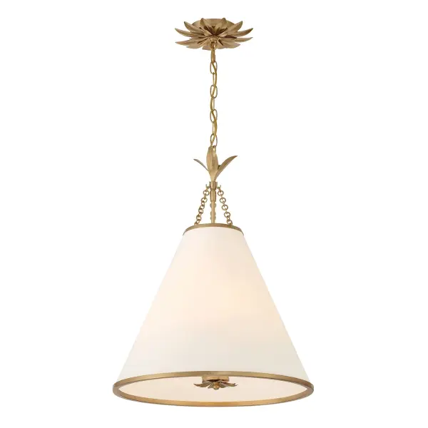 The Broche pendant features stunning wrought iron leaves in an Antique Gold finish, delivering both beauty and function. Its tailored elegance and glamorous metallic florals make it versatile for transitional to modern spaces.