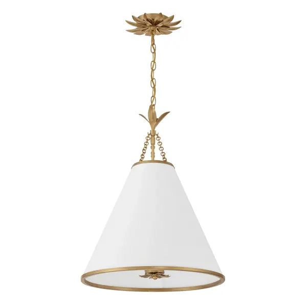 The Broche pendant features stunning wrought iron leaves in an Antique Gold finish, delivering both beauty and function. Its tailored elegance and glamorous metallic florals make it versatile for transitional to modern spaces. - alternate view