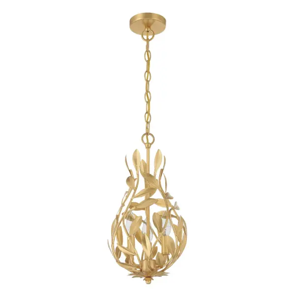 The Broche 9" Chandelier features stunning wrought iron leaves in a shimmering Champagne Green Tea finish, delivering both elegance and functionality. Perfect for adding glamorous touches to bedrooms, bathrooms, and entryways. - alternate view