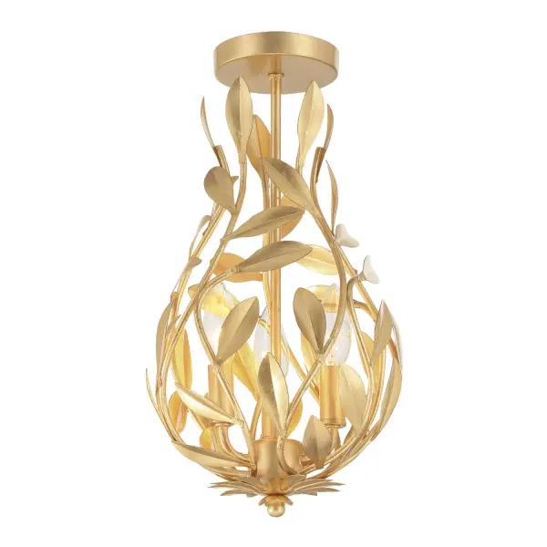 The Broche semi-flush mount features handcrafted wrought iron leaves in a stunning metallic finish. Its compact 9" size and glamorous floral design make it perfect for adding elegance to smaller spaces without overwhelming them.