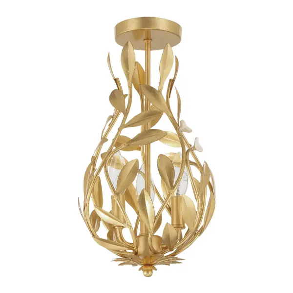 The Broche semi-flush mount features handcrafted wrought iron leaves in a stunning metallic finish. Its compact 9" size and glamorous floral design make it perfect for adding elegance to smaller spaces without overwhelming them. - alternate view