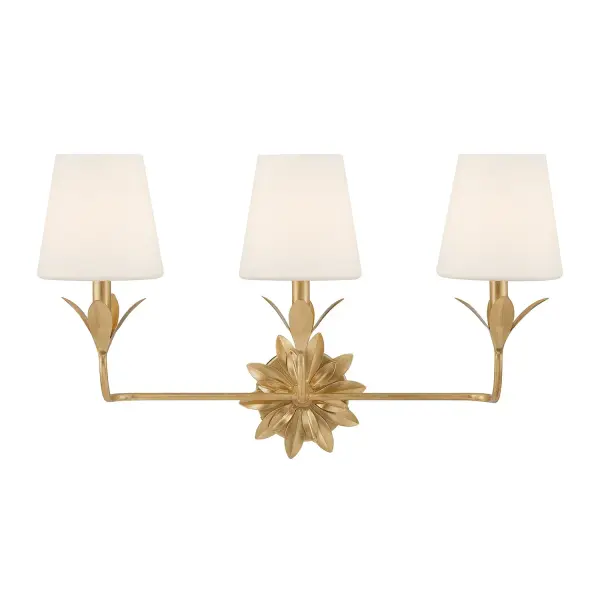 The Broche vanity light features stunning wrought iron leaves in shimmering Antique Gold, delivering both beauty and function. Perfect for transitional homes with versatile appeal for modern designs.