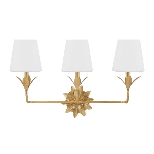 The Broche vanity light features stunning wrought iron leaves in shimmering Antique Gold, delivering both beauty and function. Perfect for transitional homes with versatile appeal for modern designs. - alternate view