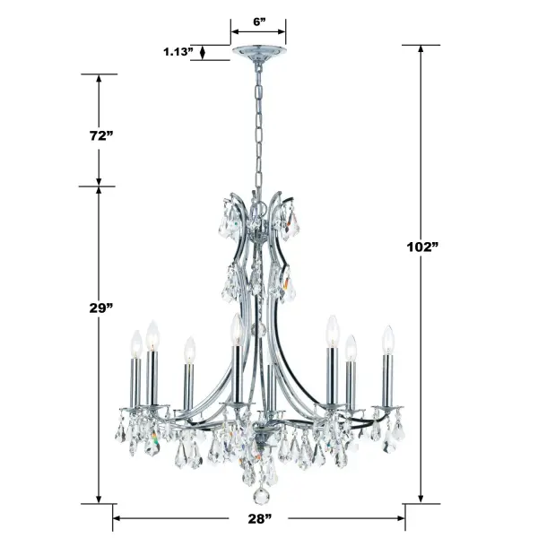 The Cedar chandelier combines traditional crystal elegance with contemporary chrome styling. Its 28-inch frame features abundant crystal jewels creating luxurious shimmer, perfect for elevating dining rooms and entryways. - alternate view