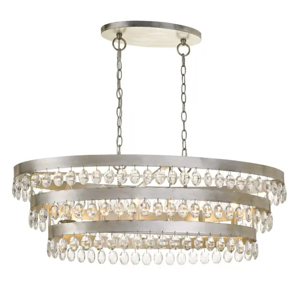 The Perla combines 64 hand-cut crystals with shimmering Antique Silver ribbons for maximum light refraction. Its clean linear design balances traditional crystal craftsmanship with contemporary styling, perfect for dining rooms and kitchen islands.