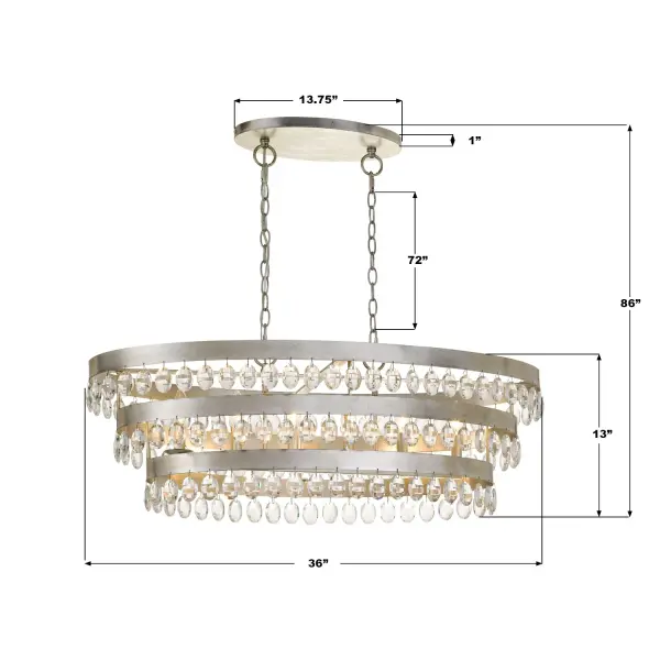 The Perla combines 64 hand-cut crystals with shimmering Antique Silver ribbons for maximum light refraction. Its clean linear design balances traditional crystal craftsmanship with contemporary styling, perfect for dining rooms and kitchen islands. - alternate view