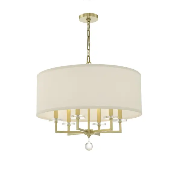 The Paxton chandelier masterfully blends geometric glass bobeches with sleek crystal columns for a refined, transitional aesthetic. Its clean lines and balanced proportions bring luxurious mid-century modern appeal to any space. - alternate view