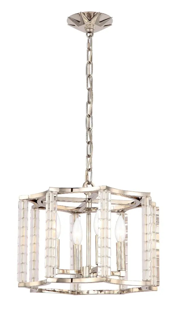 The Carson 16" Chandelier combines hand-cut crystals with sleek polished nickel candle sleeves for a high-glam statement. Its compact size and transitional design make it versatile for bedrooms, kitchens, and intimate dining spaces.
