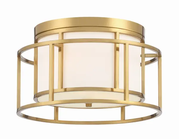 The Hulton Flush Mount by Brian Patrick Flynn reimagines the classic drum chandelier with a unique geometric twist, featuring a metal drum frame surrounding a white fabric shade for bold graphic impact.