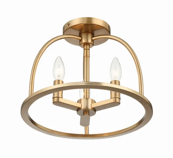 The Abbott semi flush mount combines farmhouse charm with industrial flair through its distinctive wagon-wheel frame and exposed candelabra bulbs. Its compact 13.75" size makes it perfect for smaller spaces. - alternate view
