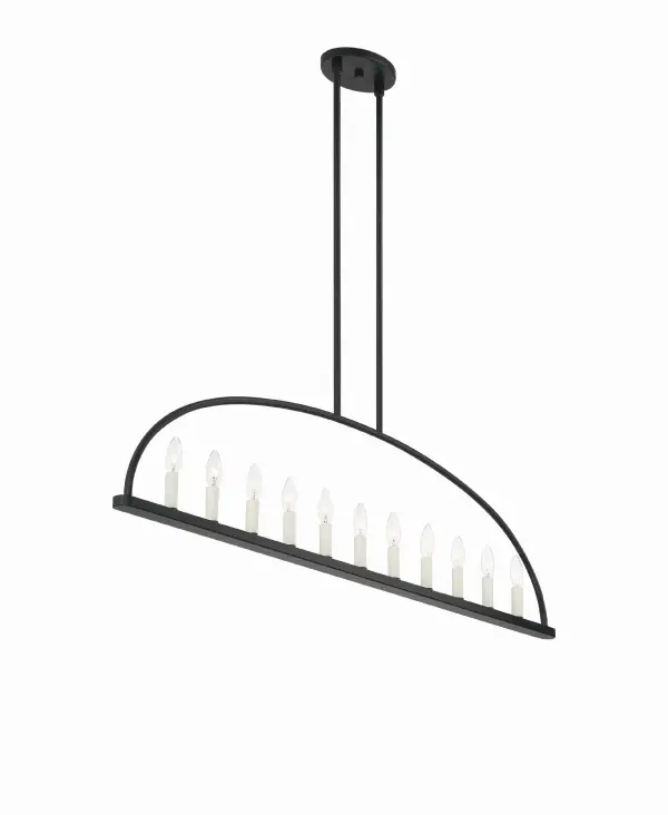 The Abbott 54" linear chandelier combines clean lines with an open-concept metal frame, perfect for modern farmhouse and minimalist interiors. Its streamlined arch and exposed bulb design create visual interest above islands and dining tables. - alternate view